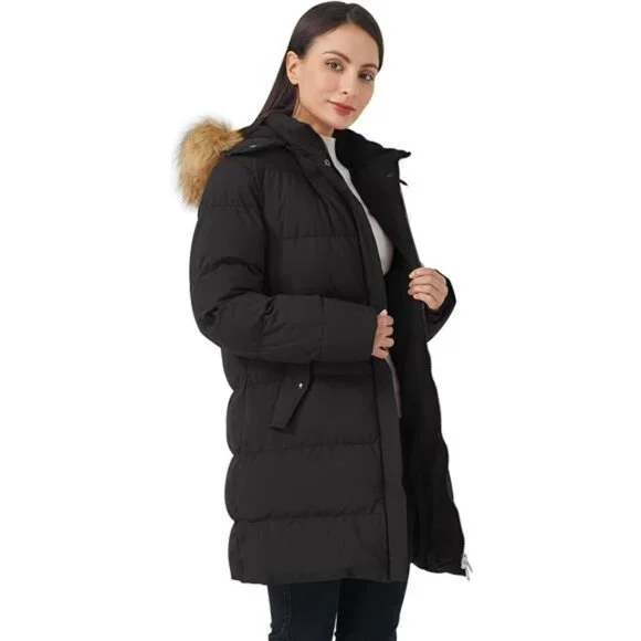 Women's Winter Puffer Coat Long Warm Jacket Faux Fur Hood Waterproof Insulated